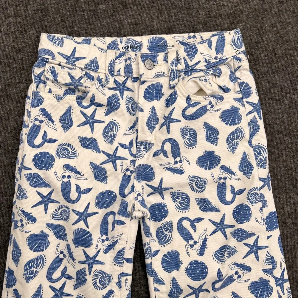 Old Navy Girls Blue White Mermaid Starfish Baggy Wide Leg Jeans Size 12